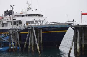 The M/V LeConte awaits repairs at the Alaska Marine Highway System terminal in Juneau on Wednesday.(Kevin Gullufsen | Juneau Empire)