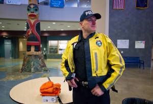 Officer Blain Hatch of the Juneau Police Department visits Thunder Mountain High School on Friday. Hatch is JPD&rsquo;s one school resource officer who is assigned to all the schools in the district. Hatch has been named Municipal Employee of the Year. (Michael Penn | Juneau Empire File)