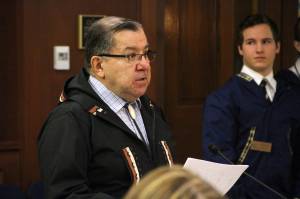 Sen. Lyman Hoffman, D-Bethel, presents House Bill 321, the &ldquo;fast-track&rdquo; supplemental budget bill, Friday, March 16, 2018 on the floor of the Alaska Senate. (Daniel McDonald | Alaska Senate Majority)