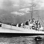 This Oct. 25, 1941 shows the USS Juneau afloat just after being launched at the Federal Shipbuilding Company yard,in Kearny, N.J. Wreckage from the USS Juneau, a Navy ship sunk by the Japanese 76 years ago, has been found in the South Pacific. The ship was cut in half by two torpedoes and sank in 30 seconds during the Battle of Guadalcanal in 1942, sending 687 men including the five Sullivan brothers from Waterloo, Iowa, to their watery graves. (U.S. National Archives)