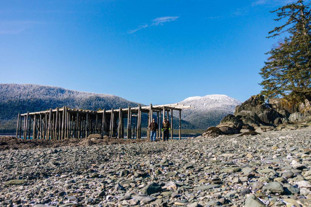 Brian Donohoe, the photographer&rsquo;s father, left, and his friend Stan walk on the beach at the end of DuPont Trail Wednesday. (Gabe Donohoe | For the Juneau Empire)