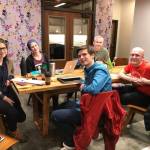 Outer Coast College core team during a meeting, from left to right: Cecilia Dumouchel, Erin Slomski-Pritz, Johnny Elliott, Bryden Sweeney-Taylor, and Jonathan Kreiss-Tomkins.