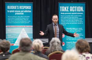 Andy Jones, director for the Alaska Office of Substance Misuse and Addiction Prevention, speaks during a community meeting in the Elizabeth Peratrovich Hall on Tuesday, March 27, 2018, on what Juneau needs to fight opioid misuse. (Michael Penn | Juneau Empire)