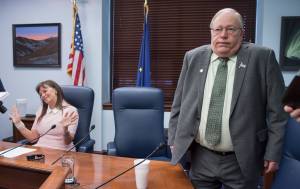 House Majority Leader Charisse Millett, R-Anchorage, left, and former Speaker of the House Rep. Mike Chenault, R-Nikiski, react to reporters questions about the state&rsquo;s budget during a press conference at the Capitol on Thursday, March 29, 2018. (Michael Penn | Juneau Empire)