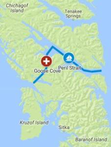 A map showing Peril Strait in Southeast Alaska. (Map by Daniel Piscoya | Juneau Empire)