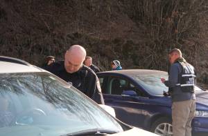 Juneau Police Department Officer Blain Hatch conducts a traffic stop during Shielded Eagle, a training exercise that has multiple local agencies work together to thwart a terrorist attack, on Wednesday, April 4, 2018. (Alex McCarthy | Juneau Empire)