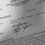 A legal memo by Legislative attorney Doug Gardner is seen in part on April 9, 2018. (James Brooks | Juneau Empire)