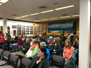 Members of the community sit in during discussions of the City&rsquo;s mining ordinance at the Committee of the Whole Meeting at Assembly Chambers Monday. (Gregory Philson | Juneau Empire)