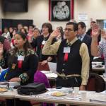 Delegates take an oath of office at the 83rd Annual Tribal Assembly of the Central Council of the Tlingit and Haida Indian Tribes of Alaska at Elizabeth Peratrovich Hall on Wednesday, April 18, 2018. (Michael Penn | Juneau Empire)