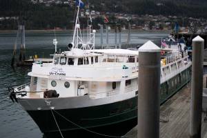 The Wilderness Adventurer is docked at the Seadrome on Friday, April 13, 2018. Aboard, politicians and representatives from the tourism industry spoke about bringing tourists to S.E. Alaska in the spring &mdash; a few months earlier than usual. The vessel set sail on its first spring cruise in Alaska the day after this photo was taken. (Richard McGrail | Juneau Empire)