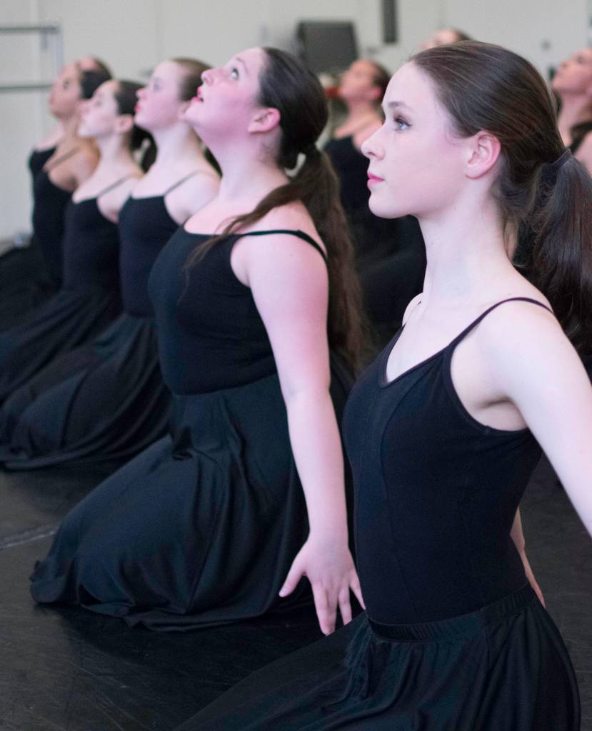 Jasmin Holst, right, Adara Allen and Saelyr Hunt rehearse &ldquo;Nightfall&rdquo; at the Juneau Dance Theatre on Sunday, April 22, 2018. JDT will perform this and other pieces at its Spring Showcase on Friday and Saturday, April 27 & 28, at JDHS. Richard McGrail | For the Capital City Weekly