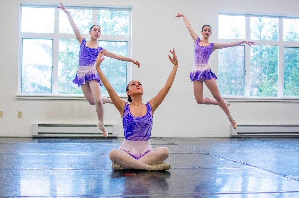Electra Morley, left, Sydney Truitt, center, and Brimley Olliff rehearse &ldquo;Then the Rain Turned Purple&rdquo; in preparation for their upcoming Spring Showcase performance. Richard McGrail | For the Capital City Weekly