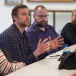 Aaron Surma, a consultant for Juneau Alliance for Mental Health, Inc. (JAMHI), speaks during a meeting of the Juneau Coalition on Housing and Homelessness at Gruening Park on Thursday, April 26, 2018. (Michael Penn | Juneau Empire)