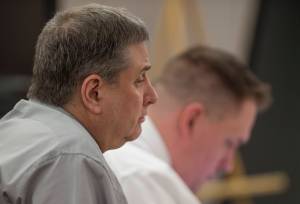 Mark De Simone listens during his trial in Juneau Superior Court on Tuesday, May 1, 2018. De Simone is accused of killing Duilio Antonio &ldquo;Tony&rdquo; Rosales during a hunting trip in Excursion Inlet in 2016. (Michael Penn | Juneau Empire)