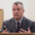 Alaska State Trooper Sgt. Matthew Hightower is questioned by Assistant District Attorney Amy Paige in the trial of Mark De Simone in Juneau Superior Court on Monday, April 30, 2018. De Simone is accused of killing Rosales during a hunting trip in Excursion Inlet in 2016. (Michael Penn | Juneau Empire)