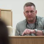 Vince Bengston, a member of a 2016 hunting party, testifies in the trial of Mark De Simone in Juneau Superior Court on Wednesday, May 2, 2018. De Simone is accused of killing Duilio Antonio &ldquo;Tony&rdquo; Rosales during a hunting trip in Excursion Inlet in 2016. (Michael Penn | Juneau Empire)