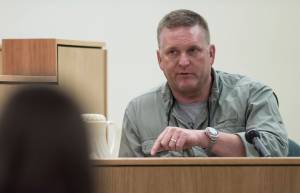 Vince Bengston, a member of a 2016 hunting party, testifies in the trial of Mark De Simone in Juneau Superior Court on Wednesday, May 2, 2018. De Simone is accused of killing Duilio Antonio &ldquo;Tony&rdquo; Rosales during a hunting trip in Excursion Inlet in 2016. (Michael Penn | Juneau Empire)