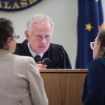 Juneau Superior Court Judge Philip Pallenberg, center, listens to Assistant Public Defender Deborah Macaulay, left, and Assistant District Attorney Amy Paige in the trial of Mark De Simone in Juneau Superior Court on Wednesday, May 2, 2018. De Simone is accused of killing Duilio Antonio &ldquo;Tony&rdquo; Rosales during a hunting trip in Excursion Inlet in 2016. (Michael Penn | Juneau Empire)