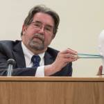 Dr. Todd Grey, a retired medical examiner, testifies to the possible path of the bullet wounds in the trial of Mark De Simone in Juneau Superior Court on Monday, May 6, 2018. De Simone is accused of killing Duilio Antonio &ldquo;Tony&rdquo; Rosales during a hunting trip in Excursion Inlet in 2016. (Michael Penn | Juneau Empire)