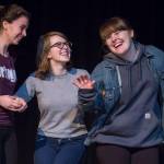 Katie Kiernan, Molly York, and Kate Bergey rehearse in the Juneau-Douglas High School production of Dearly Beloved in the JDHS Auditorium on Thursday, May 3, 2018. (Michael Penn | Juneau Empire)