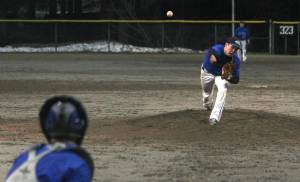 Thunder Mountain High School pitcher Sammy McKnight throws a warm-up pitch during the Falcons&rsquo; 2-1 loss to Sitka at Adair-Kennedy Memorial Park on Friday, May 11, 2018. (Alex McCarthy | Juneau Empire)