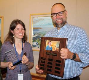 Bartlett Beginnings Registered Nurse Angela Lessard receives the 2018 Excellence in Nursing Award from Don Schneider, MD. (Courtesy Photo | Bartlett Regional Hospital)