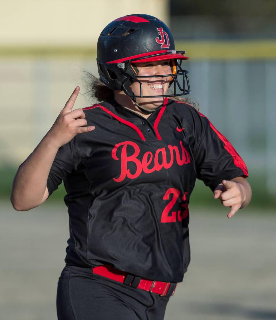Juneau-Douglas&rsquo; Skyler Hickok celebrates as she round the bases after hitting a home run in the third inning against Sitka at Melvin Park on Friday, May 18, 2018. Sitka won 15-12. (Michael Penn | Juneau Empire)