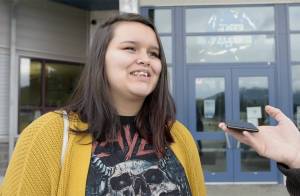 Thunder Mountain High School student Adrianna D&rsquo;Cafango talks about receiving a $20,000 award from the Juneau Empire during a scholarship awards breakfast at TMHS on Thursday, May 24, 2018. (Michael Penn | Juneau Empire)