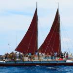 The Hokulea sailing canoe is seen off Honolulu on Tuesday, April 29, 2014. The Polynesian voyaging canoe is setting off on a 3-year voyage around the world, navigating using no modern instrumentation. Associated Press | Sam Eifling