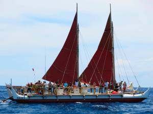 The Hokulea sailing canoe is seen off Honolulu on Tuesday, April 29, 2014. The Polynesian voyaging canoe is setting off on a 3-year voyage around the world, navigating using no modern instrumentation. Associated Press | Sam Eifling