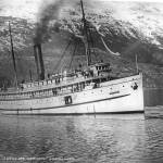 The Alaska Steamship Comany&rsquo;s S.S. Jefferson coming to dock at the Moore Whalf in Skagway. The steamer was one of many early cruise ships visiting Skagway. Image courtesy of the Klondike Gold Rush National Historical Park, from the Candy Waugaman Collection, KLGO TS-206-8919.