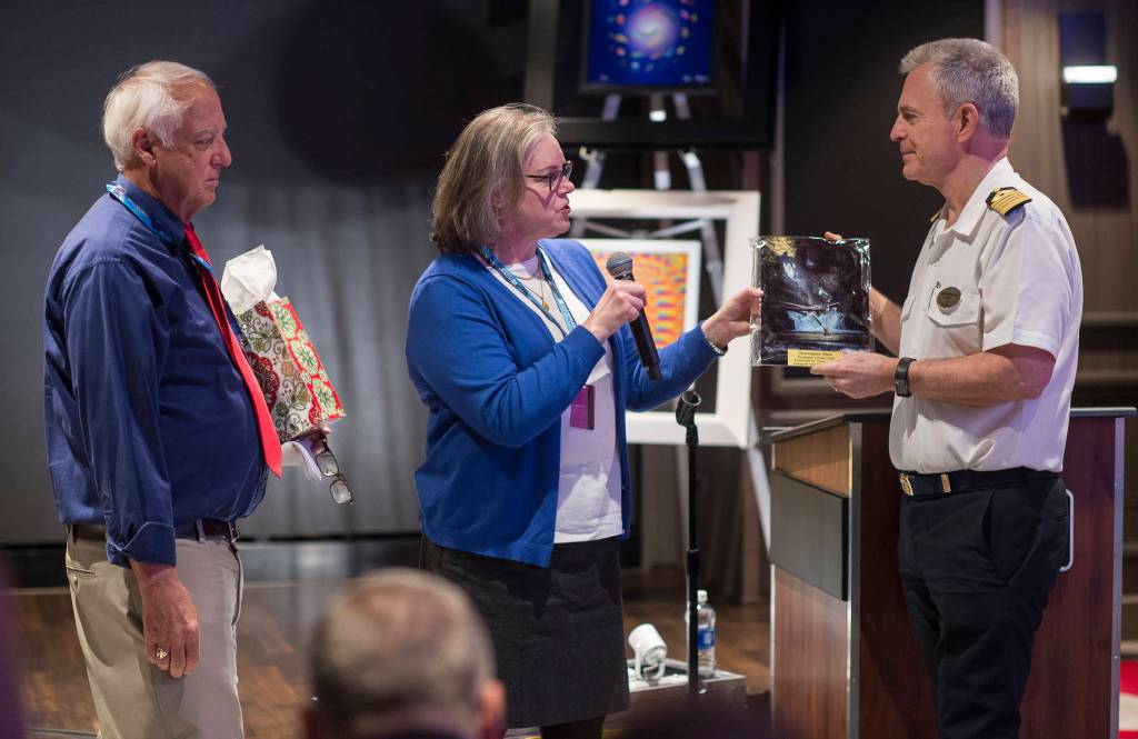 Juneau residents tour the Norwegian Bliss after Plaque Presentations on Tuesday, June 12, 2018. The event included Mayor Ken Koelsch, Capt. Stephen R. White , of Coast Guard Sector Juneau, Mike Satre, of the Juneau Chamber of Commerce, Liz Perry, of Travel Juneau, Drew Green, port manager for Cruise Line Agencies of Alaska, and Carl Uchytil, Juneau Port Director, Toni Mallott, wife of Lt. Gov. Byron Mallott, and Emily Edenshaw and Jodie Gatti, of Tlingit & Haida Central Council. (Michael Penn | Juneau Empire)