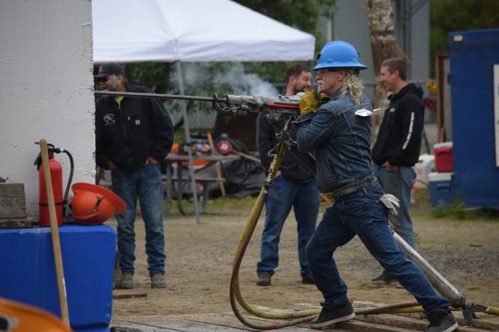 Dave &ldquo;Sully&rdquo; Sullivan works a jack leg drill during a drilling competition Saturday at Gold Rush Days. (Kevin Gullufsen | Juneau Empire)