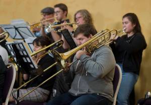 The Thunder Mountain Big Band brass section plays during the Block Party at the Juneau Arts & Culture Center on Friday, June 15, 2018. (Michael Penn | Juneau Empire)