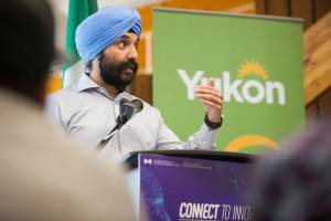 Navdeep Bains, Minister of Innovation, Science and Economic Development, talks during the announcement of a new northern internet fiber-optic link while in Whitehorse on June 20, 2018. (Crystal Schick | Yukon News)