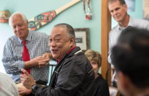 Governor Hilario Davide, from the Philippines Province of Cebu, meets with Mayor Ken Koelsch, left, and Assembly members Mary Becker, center, Jerry Nankervis and Jesse Kiehl (not pictured) at City Hall on Friday, June 22, 2018. (Michael Penn | Juneau Empire)