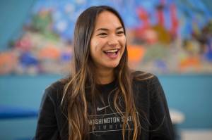 Ciera Kelly, a Juneau-Douglas High School graduate, talks Friday about her swimming career at Washington State University where she will return as a senior in the fall. (Michael Penn | Juneau Empire)