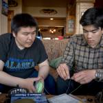 Cavelila &ldquo;The Gov&rdquo; Wonhola and Triston Chaney practice knot tying at Bear Trail Lodge this year during the Bristol Bay Fly Fishing and Guide Academy in King Salmon. (Courtesy Photo | Sarah Miller)