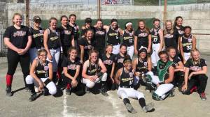 The Gastineau Channel Little League/Juneau Junior Softball all-stars (black jerseys, red lettering) pose next to the Abbott-O-Rabbitt Little League/Anchorage all-stars (sleeveless jerseys, tan lettering) after Game 3 of the Alaska Little League Junior Softball State Tournament on Monday at Dudley Field in Ketchikan. GCLL lost a best-of-five series to AOR, 3-0. (Courtesy Photo | Barb Strong)