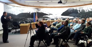 Police Chief Bryce Johnson addresses a full house Tuesday night during a public meeting in crime in Juneau. (Liz Kellar | Juneau Empire)