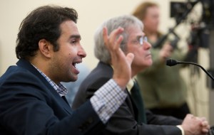 Mouhcine Guettabi, an assistant professor of cconomics at the Institute of Social and Economic Research at the University of Alaska Anchorage, left, Ralph Townsend, Director of ISER, give an overview of Alaska economic health to the Senate Labor and Commerce Commttee at the Capitol on Wednesday. (Michael Penn | Juneau Empire)
