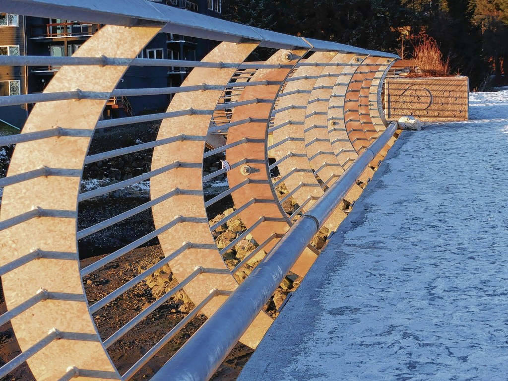 Top: Winter clouds reflected in Mendenhall Lake. Photo by Kerry Howard. Middle: Late afternoon sun lights the railing at the new Statter Harbor parking lot. Photo by Brooke Daly. Bottom: Needle ice forms on the rocks of Echo Cove. Photo by Mary Sutkowski.