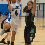 Falcons junior Cyrene Uddipa jumps for a shot against visiting Colony at a Friday home game at Thunder Mountain High School. The girls lost 57-20. Scores for their Saturday night match can be found at juneauempire.com and in Tuesday&rsquo;s paper. (Lance Nesbitt | For the Juneau Empire)