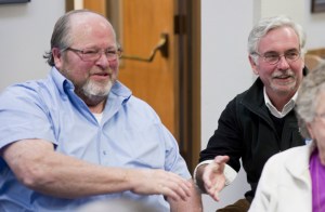 Mayor Merrill Sanford, left, concedes the election to Greg Fisk in the Assembly Chamber Tuesday evening.