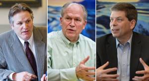 From left to right, Mike Dunleavy, Bill Walker and Mark Begich are the three principal candidates for Alaska governor in 2018. (Michael Penn photos | Juneau Empire composite)