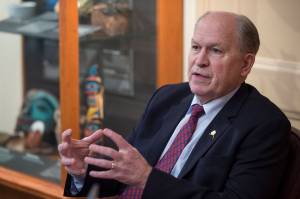 Gov. Bill Walker answers a range of questions during an interview with the Empire in his Capitol office on Friday, Jan. 5, 2018. (Michael Penn | Juneau Empire File)