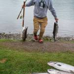Mamba Tuiqalau hauls up his catch of coho salmon at the Wayside Park on Channel Drive on Friday, Sept. 7, 2018. The Alaska Department of Fish and Game has increased the limit to 12 coho salmon in the designated saltwater hatchery sport harvest area due to the large number of returning hatchery coho salmon in excess of broodstock needs. (Michael Penn | Juneau Empire)