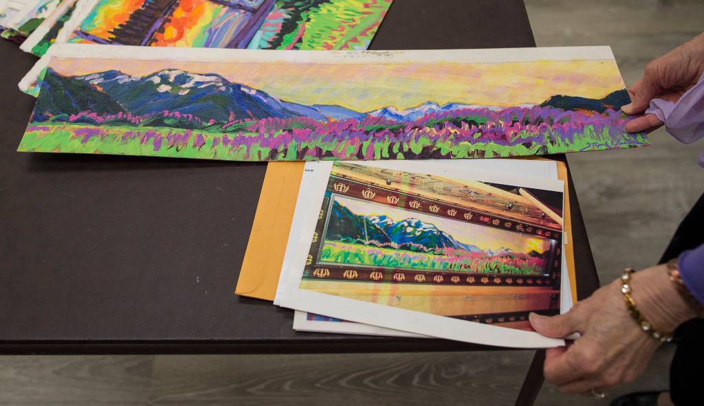 Devita Stipek Writer talks about her murals and other paintings that are now gracing Carnival Cruise ships. Writer, a member of the Juneau Artist Gallery co-op, was interviewed there on Tuesday, Sept. 11, 2018. (Michael Penn | Juneau Empire)