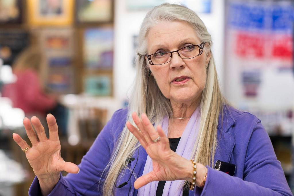 Devita Stipek Writer talks about her murals and other paintings that are now gracing Carnival Cruise ships. Writer, a member of the Juneau Artist Gallery co-op, was interviewed there on Tuesday, Sept. 11, 2018. (Michael Penn | Juneau Empire)