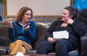 AWARE Executive Director Saralynn Tabachnick, left, and Deputy Director Mandy ONeal Cole talk about the shelter becoming gender inclusive during an interview on Monday, Dec. 11, 2017. (Michael Penn | Juneau Empire File)